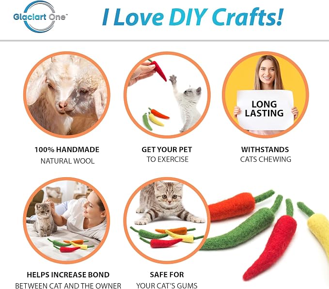 Glaciart One Cat Chili Pepper Toy – 4 Pcs | Soft Fuzzy Enrichment 100% Natural Wool - Interactive Catnip Play Cat Toy Set - Safe for Pets, Non-AZO Colored Dyes