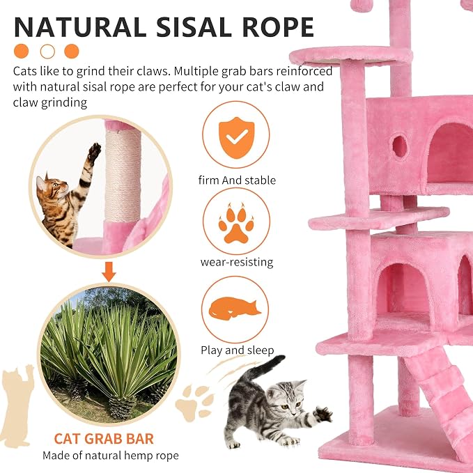 BestPet | 54" Cat Tree Tower | Pink | Sturdy Multi-Level Cat Tree | with Plush Condo, Cozy Perch, Sisal Scratching Posts, Hanging Toy and Hammock | Easy Assembly | for Kittens & Adult Cats