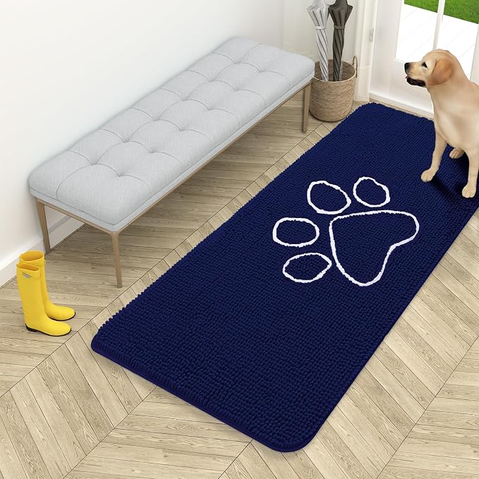 OLANLY Dog Door Mat for Muddy Paws 54x24, Paw Print Design Chenille Mud Mat | Navy Blue, Absorbent, Traps Moisture and Dirt, Non-Slip Washable Doormat, Quick-Drying Indoor Entryway Floor Carpet for Dogs