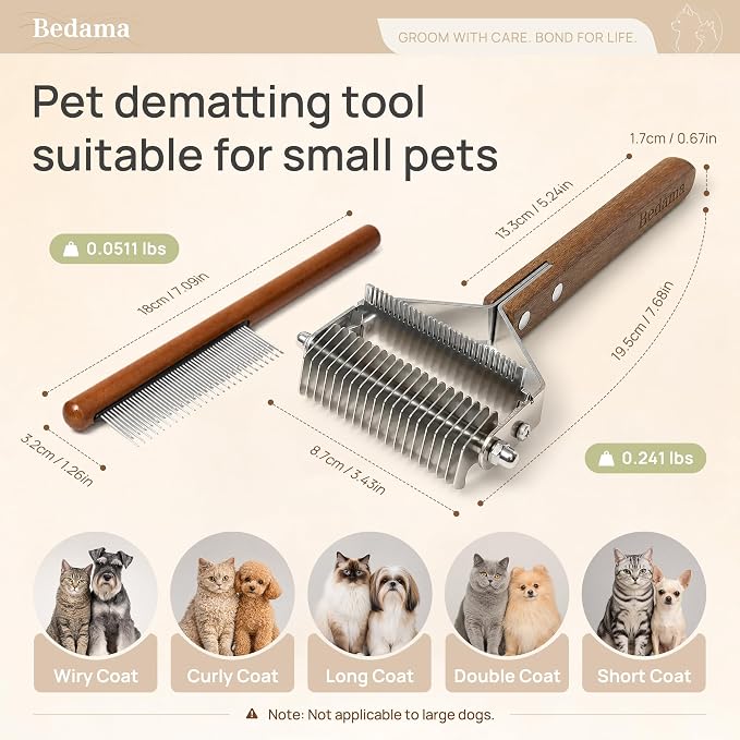 2 in 1 Cat Brush for Dematting & Deshedding, Undercoat Rake | Stainless steel undercoat rake for cats and small dogs helps remove loose hair, mats and tangles; grooming comb included