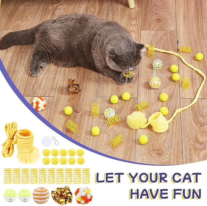 Geila Interactive Cat Toys Bundle – 31 Piece Kitten Cat Toy Set with Door Hanging Teaser, Bell, Fuzzy Balls, Springs, Teething Stick & Catnip Mouse – Fun Indoor Play for Cats & Kittens (Yellow)