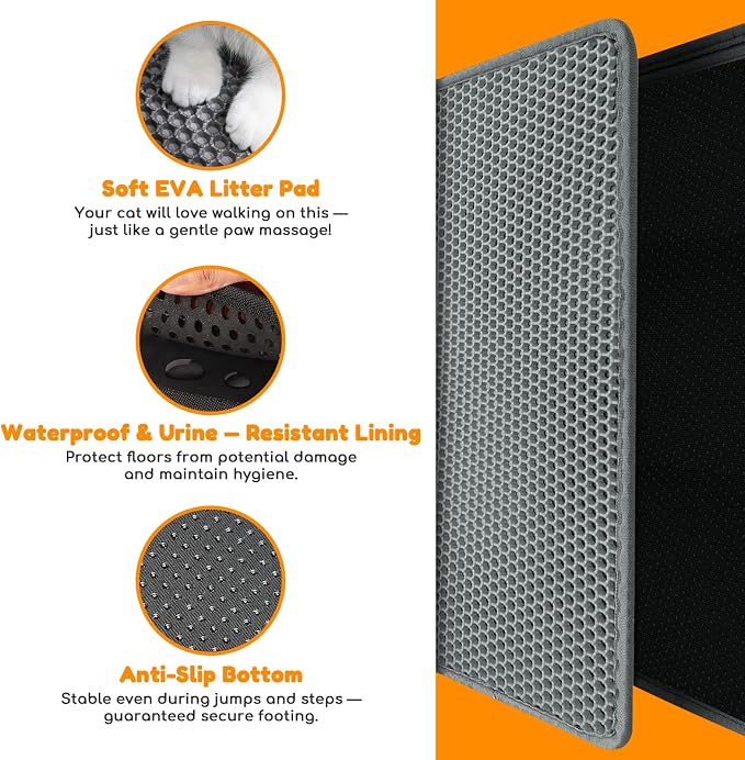 Cat Litter Mat 47"x27",Double Layer EVA Litterbox Mat Dark Gray | Extra Large Honeycomb, Waterproof & non-slip, Odor-free, easy clean, washable durable floor protector,scatter control