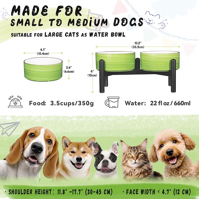 Ceramic Elevated Dog Bowl Set, 6.1''Raised Dog Food and Water Bowl Set with Non-Slip Stainless Steel Stand, Double Raised Dish for Small and Medium Breed, 3.5 Cups / 22 Fl Oz, Green