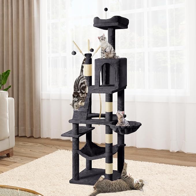 YITAHOME 64.5" Cat Tree, Multi-Level Cat Tower | Large Cat Condo Furniture with Perch Hammock, Scratching Posts and Dangling Balls, Dark Gray