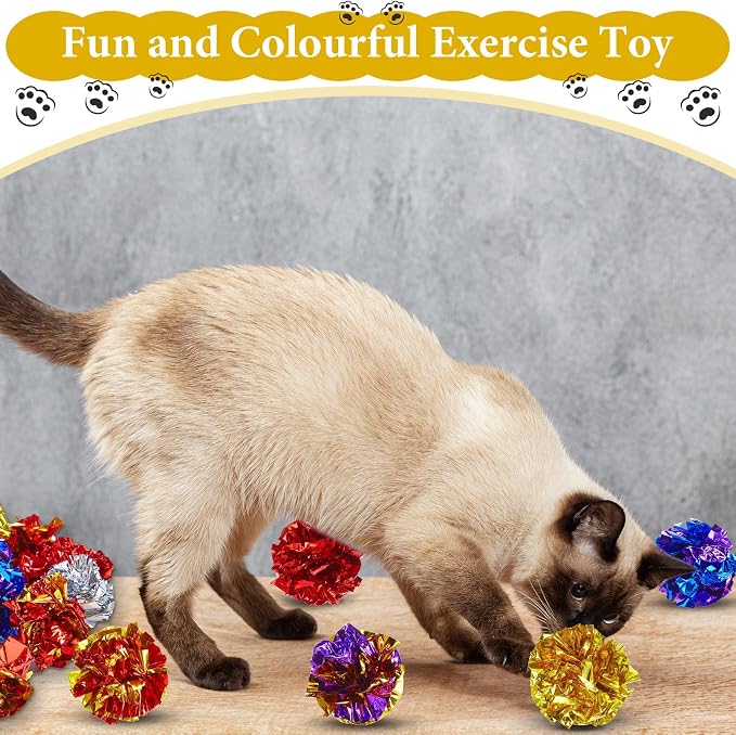 Jexine 104 Pcs Cat Crinkle Ball Bulk Cat Toys 1.69'' Polyester Film Kitten Balls Interactive Lightweight Colorful Kitten Crinkle Balls Soft Crinkle Pet Toys for Keeping Fit and Exercise Indoor