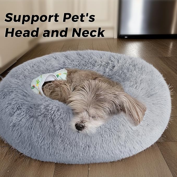 Calming Round Dog Bed & Cat Bed with Anti-Slip Bottom, Medium Size Washable Anti-Anxiety Donut Dog Beds for Medium & Large Dogs, Fluffy Plush Soft Dog Bed(30 Inch, Light Grey)