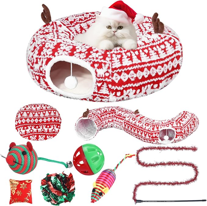 Dansydaisy Cat Tunnel Christmas Tree Skirt, Snowflake Deer Cat Tunnel Bed with Toys, Hanging Ball Plush Washable Cushion and Dangling Balls 3FT Peekaboo Playground for Small Medium Rabbit Xmas Decor