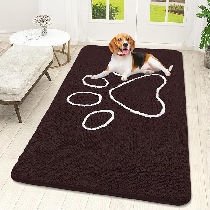 OLANLY Dog Door Mat for Muddy Paws 59x32, Paw Print Design Chenille Mud Mat | Brown, Absorbent, Traps Moisture and Dirt, Non-Slip Washable Doormat, Quick-Drying Indoor Entryway Floor Carpet for Dogs