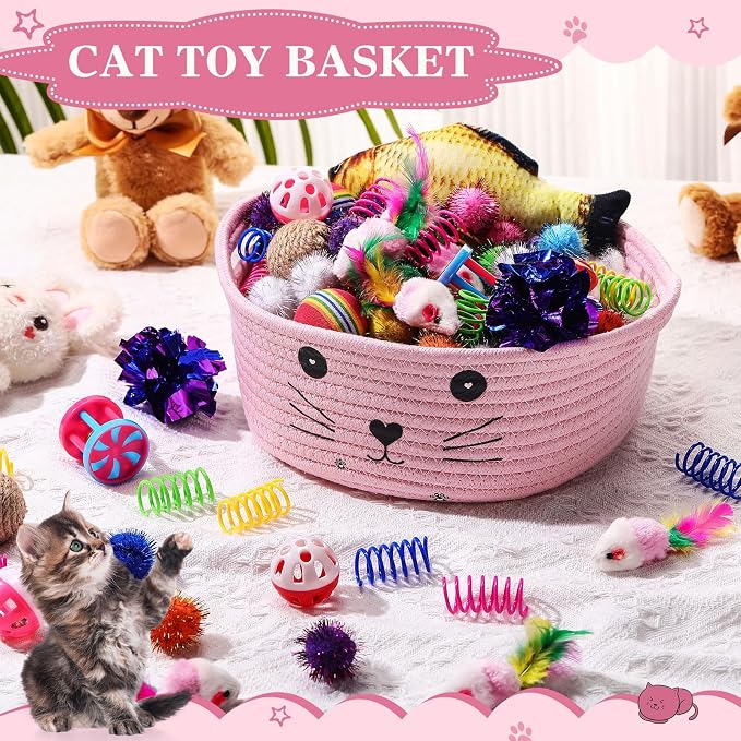 Zopeal 58 Pcs Summer Cat Storage Basket Gift Toys Set, Colorful Flashing Balls Pet Bell Crinkle Balls Spring Toys Attract Cat to Swat, Hunt, Interactive for Pet(Pink,9.8 Inch)