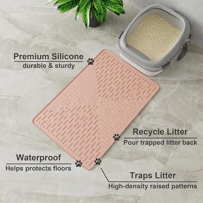 OHMO Cat Litter Mat, 23.5x16 Silicone Trapping Mat Coral | for Kitty Litter Box, Easy Clean, BPA Free Rubber, Center Litter Collection, Easy Pour-Back, Waterproof, Odor-Resistant