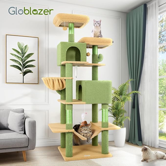 Globlazer Extra Tall Cat Tree Tower for Indoor Cats, 76in, F76, Cactus | Multi-Level Cat Furniture with Cozy Condos,Hammock and Perches for Large Adult Cats, Perfect for Climbing, Scratching