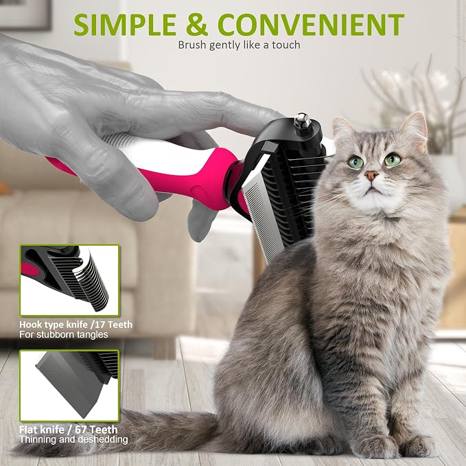 Spring Blossoms-2 in 1 Professional Grooming Rake for Cats & Dogs-Dematting Comb for Easy Mats & Tangles Removing,Pet Brush Safe No More Nasty Shedding and Flying Hair (Rose)