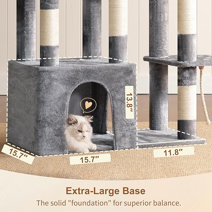 Heybly Heavy Duty Cat Tree with Large Base for Large Indoor Cats HCT026W | Cat Tower with Scratching Posts, Tall Cat Condo House , Multi-Level Plush Furniture with Hammock & Toy Balls, Light Gray