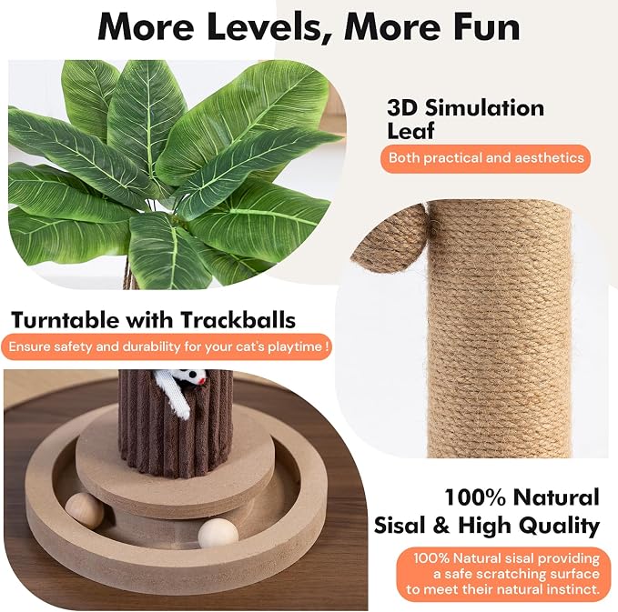 WOOCHPET Cat Scratching Post for Indoor Cats 35" Tall, Sisal Cat Scratcher with Mouse Toy and Track Balls, Wooden Base (Brown)