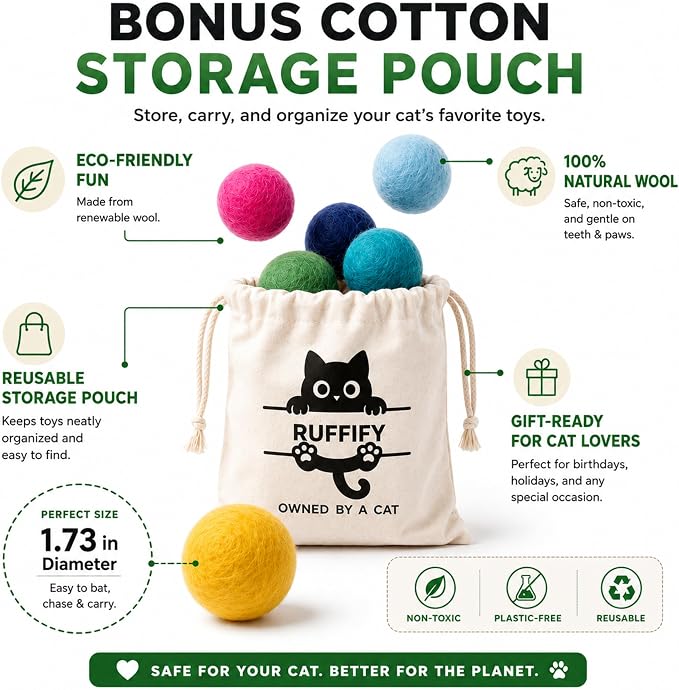 Cat Felt Balls 6 Pack, Wool Toy Balls for Indoor Cats, No Catnip | Dense tightly felted construction holds shape through biting, clawing, and carrying. Resists shedding and unraveling.