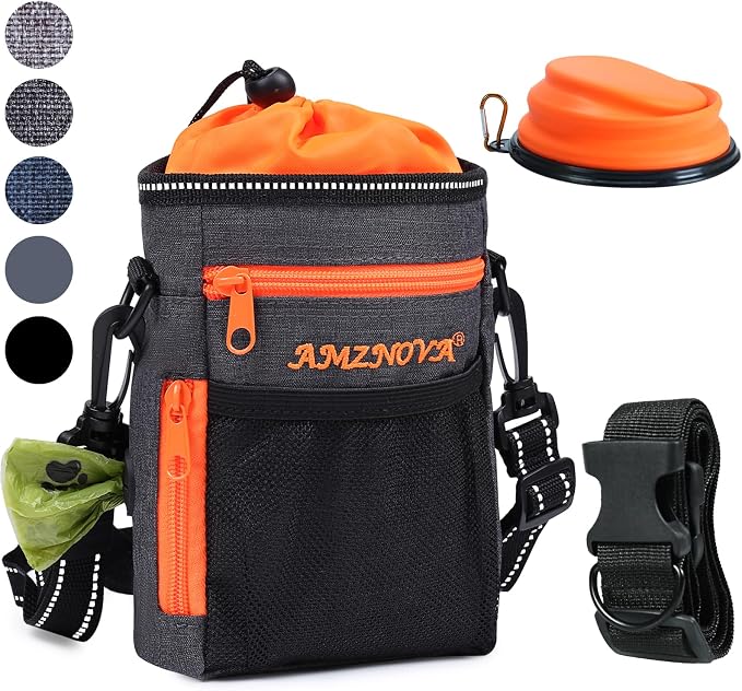 AMZNOVA Dog Treat Pouch Treatnow Dog Treat Bag, 6 Cups, Heather Black | Training Pouch with Waist Belt & Clicker for Training & Walking, Waist Clip On Snack Fanny Pack for Pet