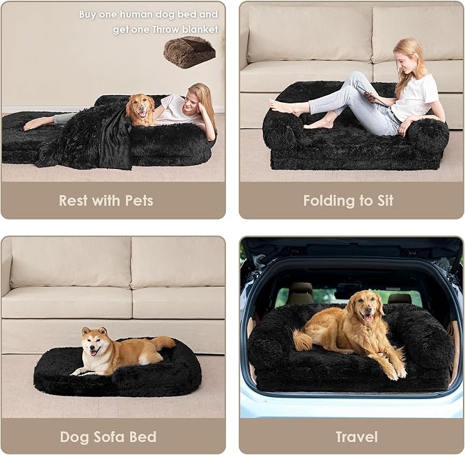 EHEYCIGA Foldable Human Dog Bed, 72"x44"x11" Orthopedic Memory Foam Human Sized Dog Bed, Waterproof Pet Bed for People, Faux Fur Pet Couch for Adult with Non-Slip Bottom, Black