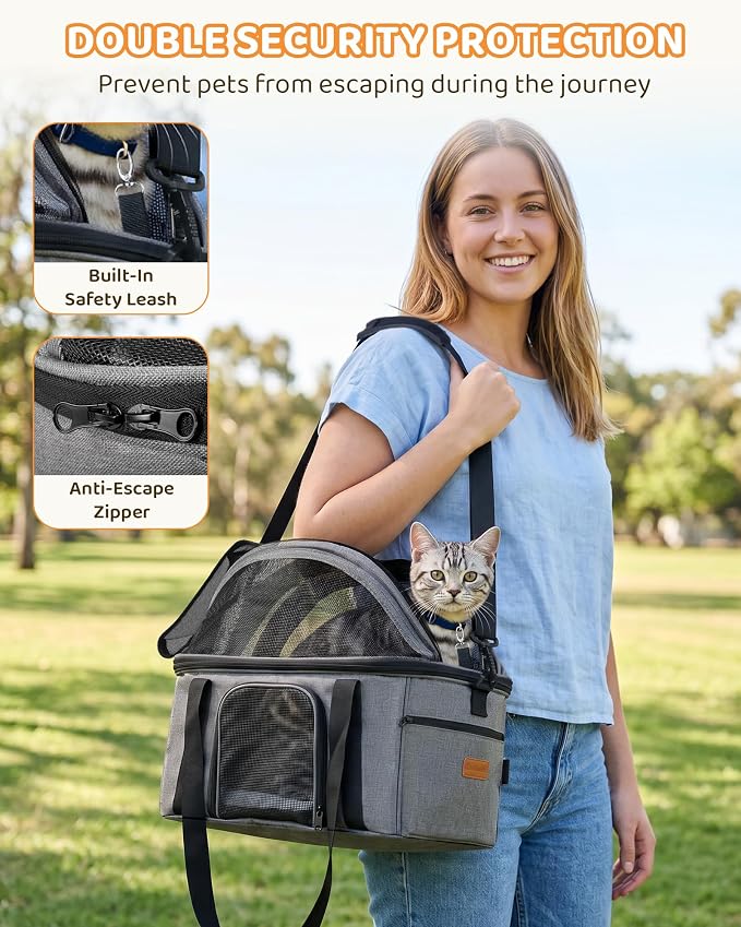 BurgeonNest Top-Expandable Large Cat Carrier, Soft-Sided Cat Bag Carrier for Medium & Large Cats Up to 15 lbs, Upgraded Small Dog Car Seat, Pet Travel Bag with Full-Open Canopy