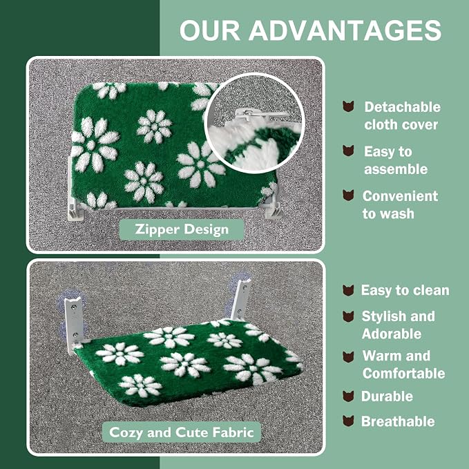 Cute Cat Window Perch, Foldable Cat Window Hammock, Green | Cordless Window Seat Bed for Indoor Cats, 3D Textured Flower Cover, Strong Suction Cups