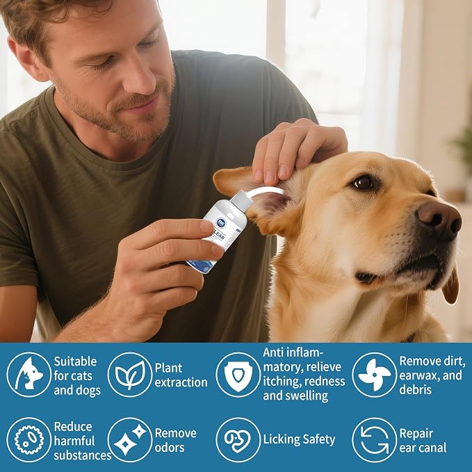 Dog Ear Cleaner, Contains Aloe Vera, Relieves Itching, Removes Earwax Buildup, Debris, Odors, Non Irritating, with Extended Soft Silicone Dropper, For Dogs and Cats, 1 Bottles (2.03 oz in total)