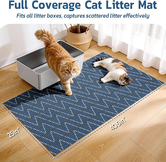 Cat Litter Mat, 40"x25" Jumbo Foam Litter Box Mat | Extra Large Coverage, Soft on Paws, Trimmable Design, BPA-Free Foam, Leak-Proof, Machine Washable, Navy Chevron