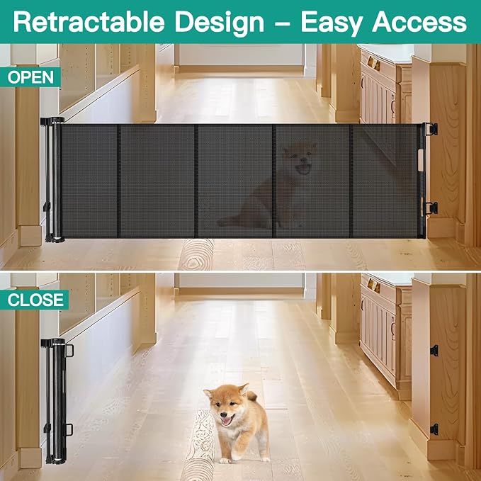 20 Inch Tall x 80 Inch Extra Wide Retractable Dog Gate to Step Over, Short Pet Gate for Doorways, Small Dog Gates Indoor Outdoor Puppy Gates for Stairs Short Mesh Gates for Large Openings (Black)