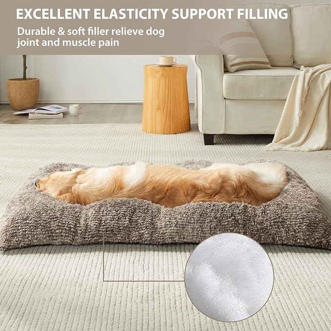 BFPETHOME Dog Beds for Large Dogs, Plush Dog Crate Bed Fluffy Cozy Kennel Pad for Sleeping &Ease Anxiety, Washable Pet Mats with Anti-Slip Bottom for Large Dogs, Khaki