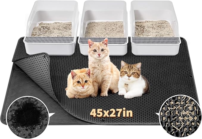 Fostanfly Cat Litter Mat, Machine Washable, Extra Large XL 45"x27", Black | Kitty Litter Trapping Mat, Urine & Waterproof, Double Layer Design, Honeycomb Scatter Control- Easy Clean for Floor