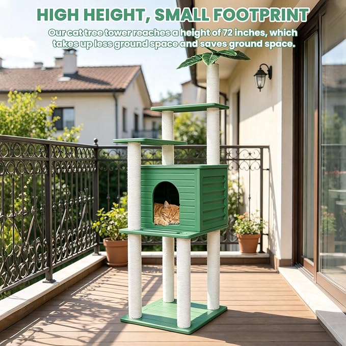 Outdoor Tall Weatherproof Cat Tree Tower with PE Board and Cat Scratch Post | 72in Green Multi-Level Cat Tree with Spacious Cat Condo,Waterproof Board,Easy to Assemble&Clean,for Indoor&Outdoor Use CTT-4