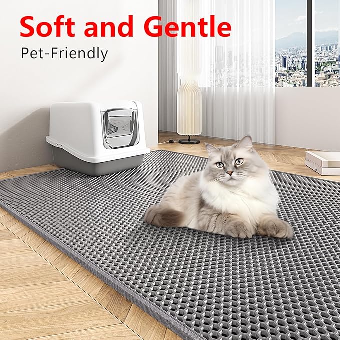 Waretary Cat Litter Mat, 47"x 36", Waterproof, Scatter Control, Grey | Double Layer, Urine-Proof, Non-Slip, Durable, Easy to Clean, Paw-Friendly, Safe & Odorless, Fits Large Litter Boxes