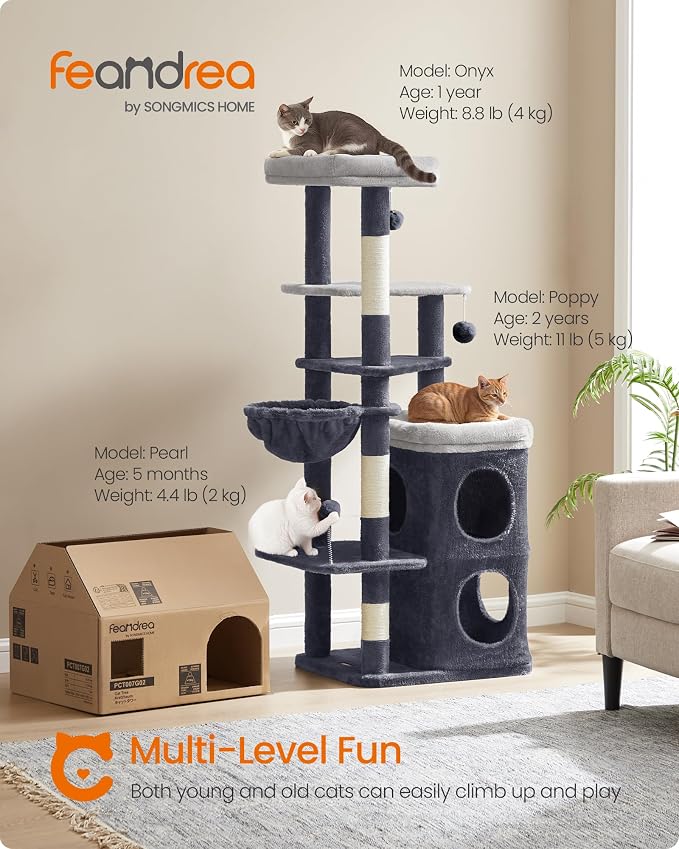 Feandrea Cat Tree Indoor, 60" Multiple-Level Plush Cat Tower, Dark Gray | 2 Caves, 3 Steps, 3 Scratching Posts, 3 Ball Toys, Cat Condo House for Large Adult Cats, UPCT007G02