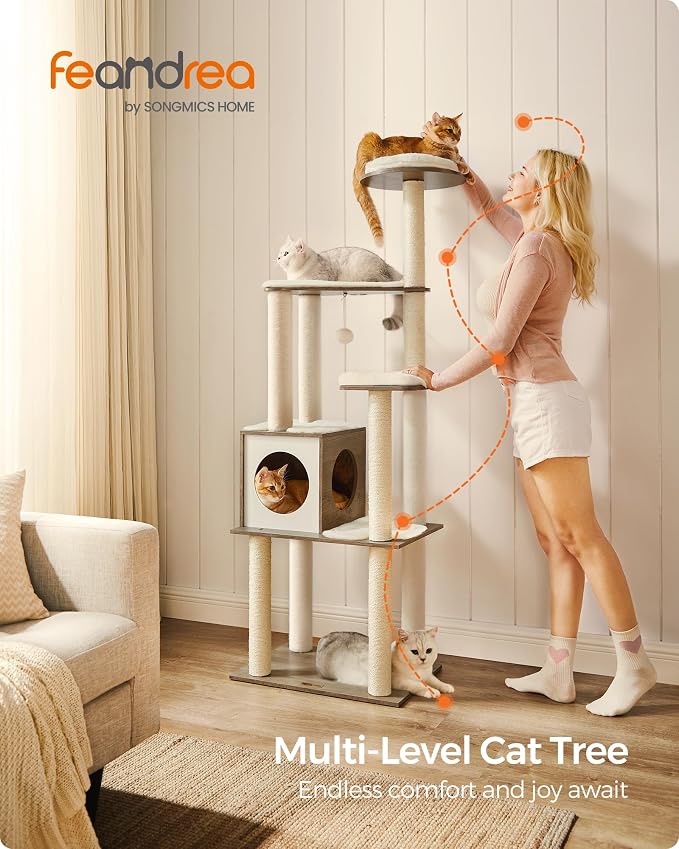Feandrea Cat Tree, 64.6-Inch Modern Cat Tower, Multi-Level Condo with 5 Scratching Posts, Perch, Washable Removable Cushions, Cave, Heather Greige UPCT166G01 | Contemporary Cat Condo for Indoor Cats, Perch, Washable Removable Cushions, Heather Greige, ...