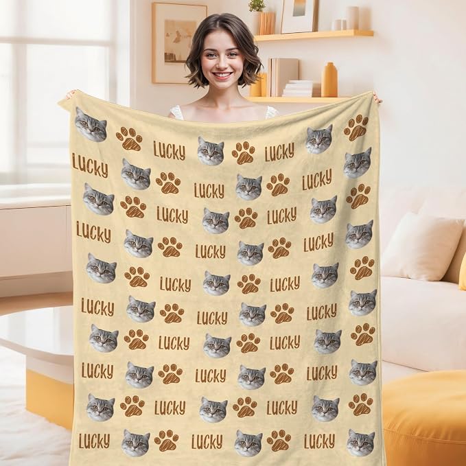 Custom Throw Blanket with Cat Face & Name Personalized Soft Fleece Funny Photo Blanket Multi Size Customized Throws for Couch Bed Sofa Gifts for Cat Dad Mom Pet Lovers