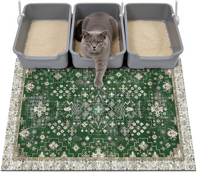 Cat Litter Mat Litter Trapping Mat, 40"x30" Waterproof Urine Proof Litter Box Mat Catcher Mat Non-Slip Washable for Kitty Kitten, Green