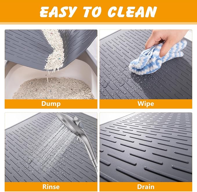 Silicone Cat Litter Mat 34 x 22 in, Waterproof Raised Edge, Gray | Quick-clean silicone, traps litter, stain and odor resistant, non-slip base, for litter box or feeding area