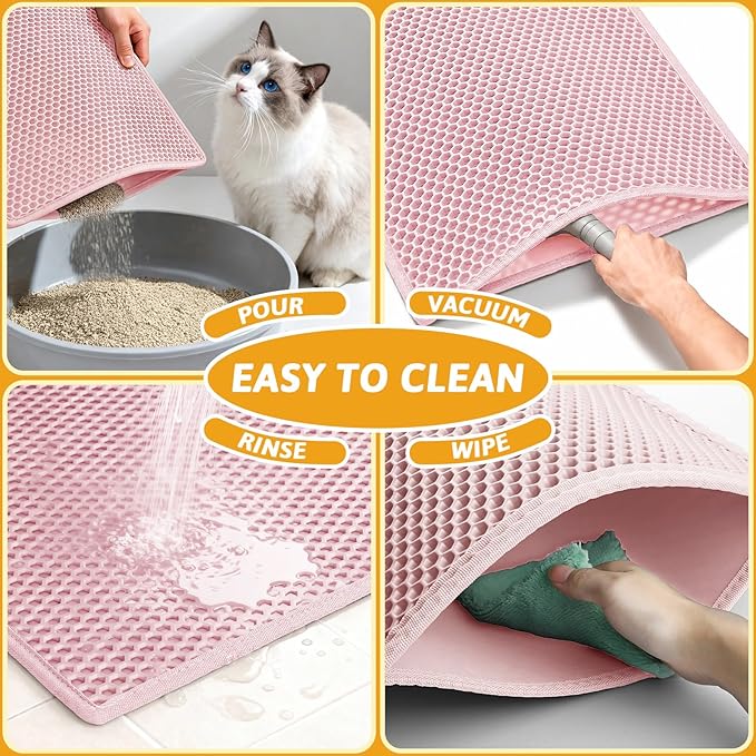 Pieviev Cat Litter Mat, Double-Layer Waterproof Litter Trap, 24" x 15" Pink | Honeycomb Design Catches Scattered Particles to Stop Tracking, Urineproof Base Protects Floors, Easy to Clean
