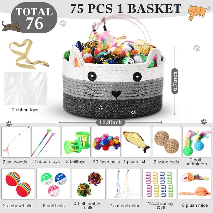 Zopeal 76 Pcs Cat Storage Basket Gift Toys Set Interactive Cat Toys Kitten Wand Colorful Flashing Balls Pet Crinkle Balls Attract Kitten to Swat, Hunt for Pet Indoor(Grey)
