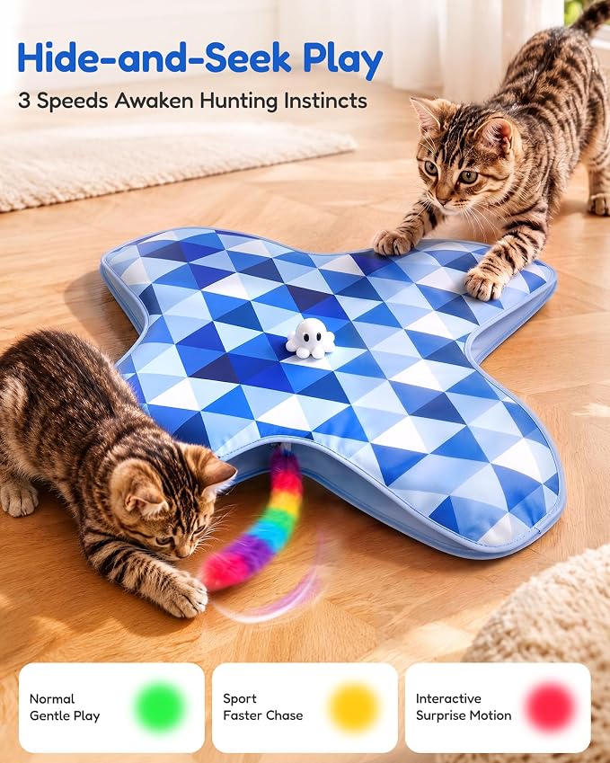 PetBusy [Baby Grade Automatic Hide &Seek Interactive Cat Toys for Indoor Cats,[Week-Long Big Battery] Rechargeable Smart Touch-Activated Kitten Toy with Moving Rainbow Tail for Bored Adult Cats, Blue