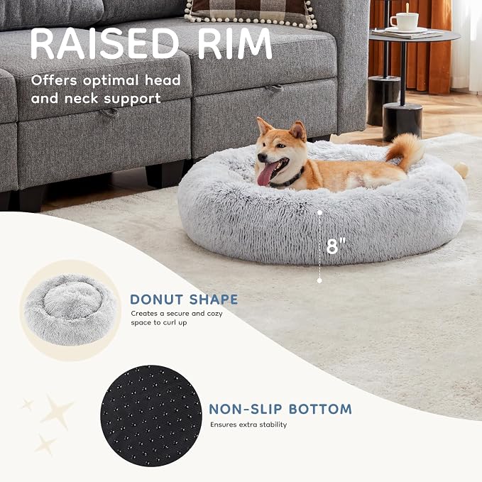 DUMOS Donut Dog Beds for Large Dogs, Machine Washable Cuddler Warming Cozy Fluffy Faux Fur Plush Round Pet Bed, Anti-Slip Bed for Indoor Dogs and Cats, 30.7x30.7 Inch, Grey