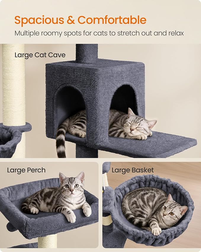 Feandrea Cat Tree, 68.5-Inch Tall Cat Tower, Multi-Level Plush Condo with Large Perch, Scratching Posts, Double Caves, Dark Gray UPCT006G02