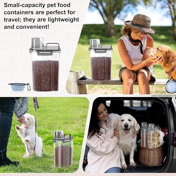LEAWALK 3-5Lbs/3Qt Dog Cat Food Storage Container With Foldable Bowl. Plastic Pet Food Dispenser for Small Animal Kibble/Pet Food/Bird Seed/Oatmeal/Rice/Flour/Brown Sugart/Cereals (Clear Black)