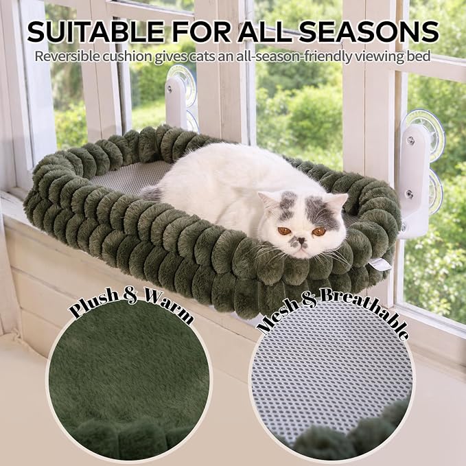 CHEERPALS Cat Window Perch for Indoor Cats Hammock for Window with Reversible Cushion, Foldable Cat Window Bed for Large Cats and Kittens, Cloud Series(Green,Large)