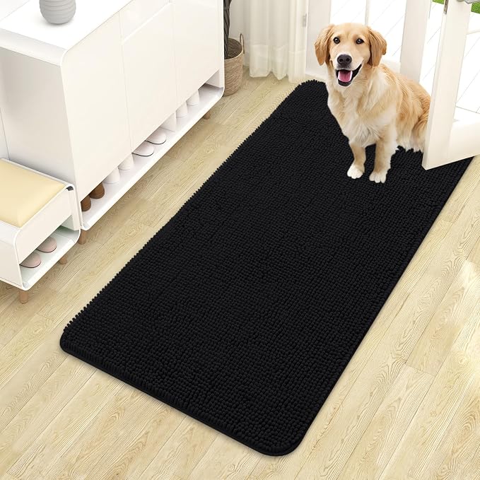 OLANLY Dog Door Mat for Muddy Paws 44x24, Super Absorbent Chenille Mud Mat | Black, Absorbs Moisture and Dirt, Non-Slip Machine Washable Doormat, Quick-Drying Indoor Entryway Floor Carpet for Dogs