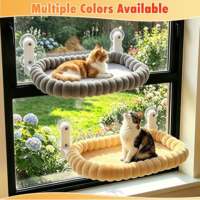 IPOW Cat Window Perch Cordless Foldable Cat Hammock Bed for Window with 4-Sided Bolster, Sturdy Metal Frame & Strong Suction Cups Window Hammock for Large Cats and Kittens 23.3 * 15.8in(Gray)