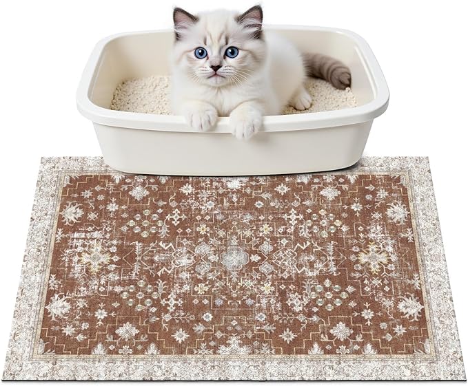 Cat Litter Mat Litter Trapping Mat, 24"x15" Waterproof Urine Proof Litter Box Mat Catcher Mat Non-Slip Washable for Kitty Kitten, Brown