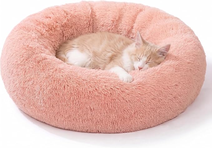 SAVFOX 20 inches Calming Donut Dog Bed - 3X Durable Plush Faux Fur, Machine Washable & Non-Slip, Fits up to 15 lbs, Pink