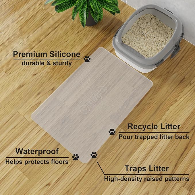 OHMO Cat Litter Mat 23.5x16 Silicone Trapping Mat Semi Transparent | for Kitty Litter Box, Easy Clean, BPA Free Rubber, Center Litter Collection, Easy Pour-Back, Waterproof, Odor-Resistant