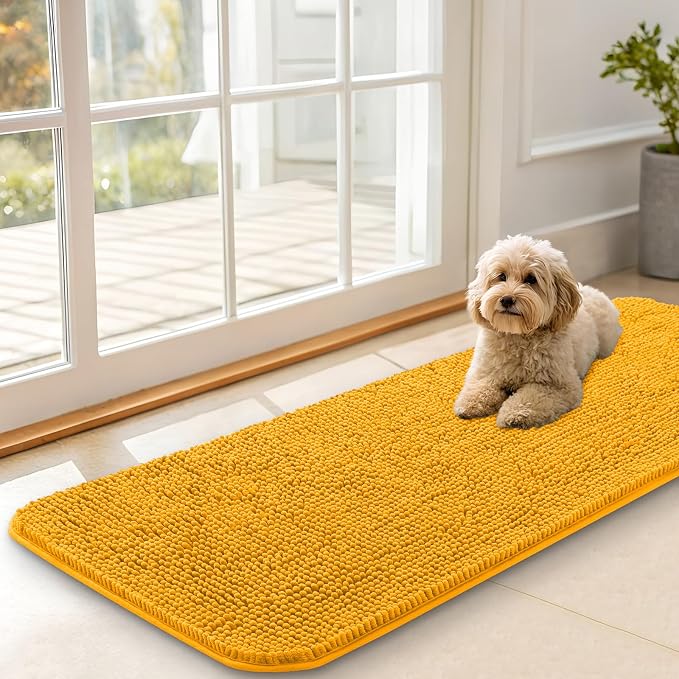 OLANLY Dog Door Mat for Muddy Paws 47x17, Super Absorbent Chenille Mud Mat | Golden Yellow, Absorbs Moisture and Dirt, Non-Slip Machine Washable Doormat, Quick-Dry Indoor Entryway Floor Carpet for Dogs
