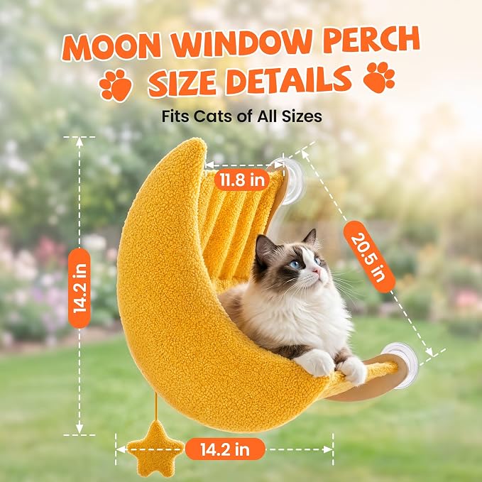 Cat Window Perch Moon Shape, Large Cat Hammock Bed Washable | Suction Mount, Steel Brackets, Soft Fabrics, Natural Pine Wood, Space Saving, Tool-Free Assembly, Watch birds, Sunbathing