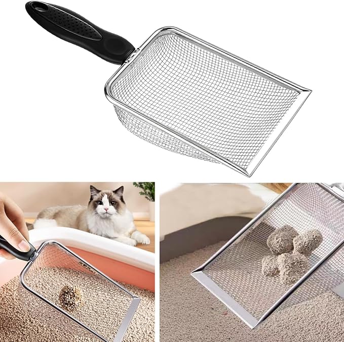 Cat Litter Scoop, Stainless Steel Cats Sturdy Mesh Scooper Kitty Metal Scooper Long Handle Scooper Shovel Sifter for All Litter Types Metal Cat Scooper for Litter Box